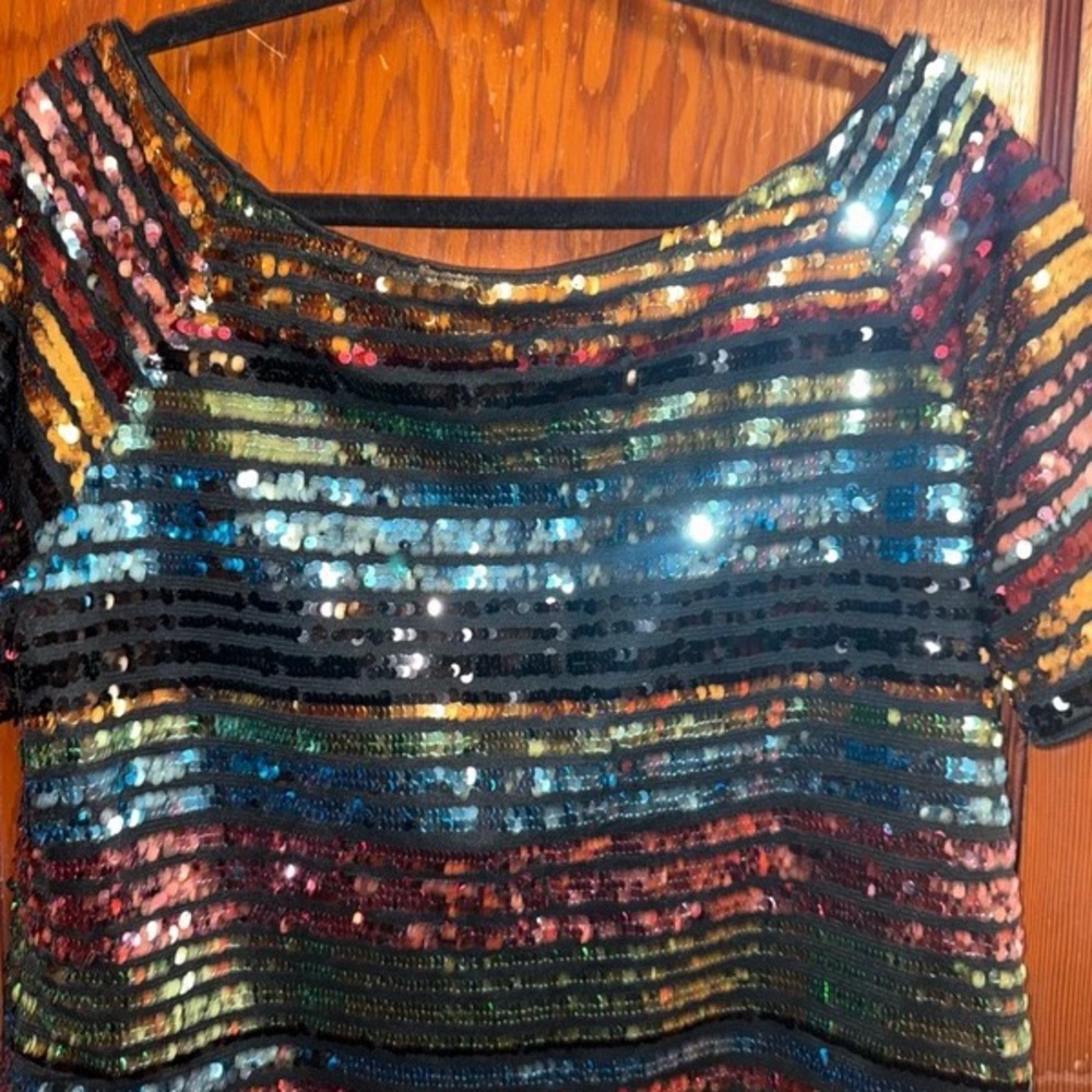 New York & Company Multicolor Sequin Striped Short Sleeve Top - Picture 3 of 4